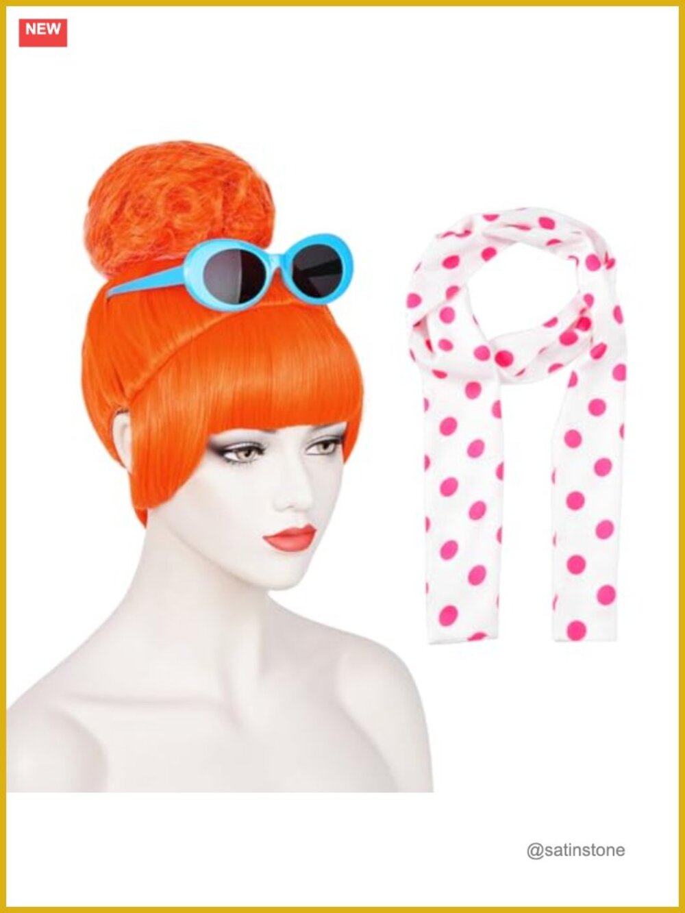 Orange Bun Wig Polka Dot Scarf Glasses 4-Piece Halloween Costume Accessory Set